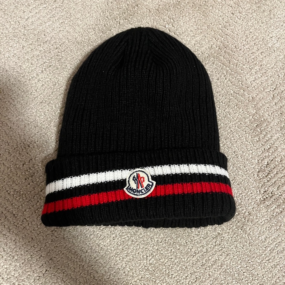 Moncler Black Beanie with Red and White Accents